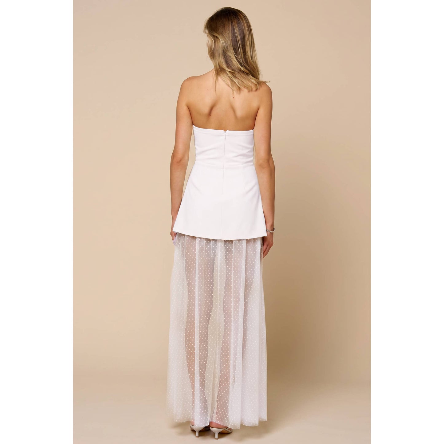 White Tube Dress With Mesh Polka Dot Maxi Skirt