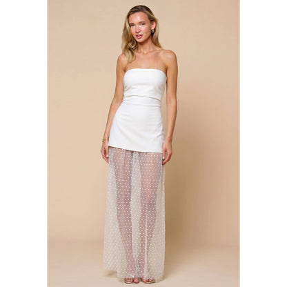 White Tube Dress With Mesh Polka Dot Maxi Skirt