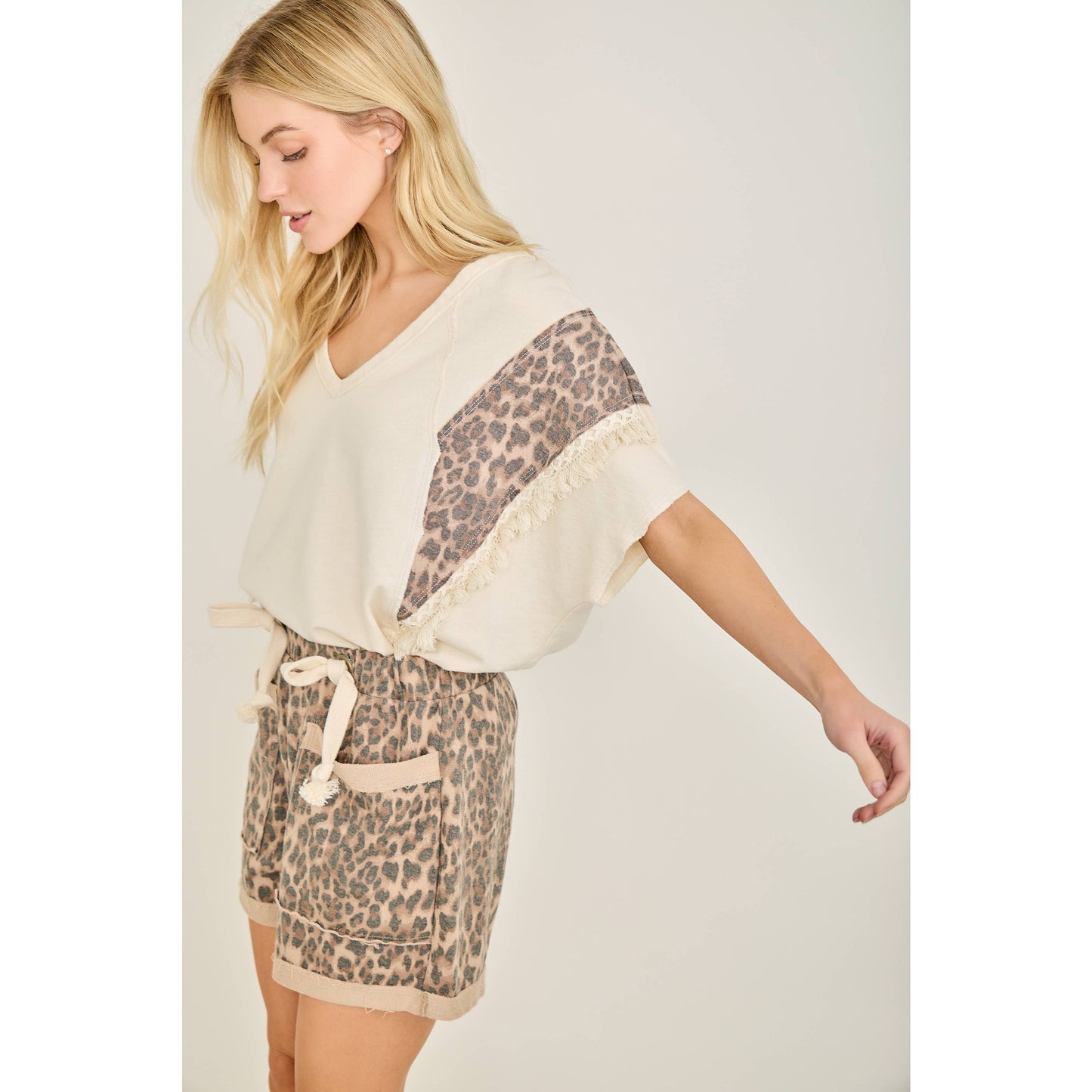Leopard Mineral Washed Fringe Trim Blouse