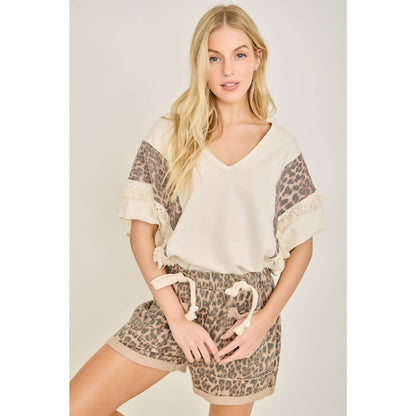 Leopard Mineral Washed Fringe Trim Blouse