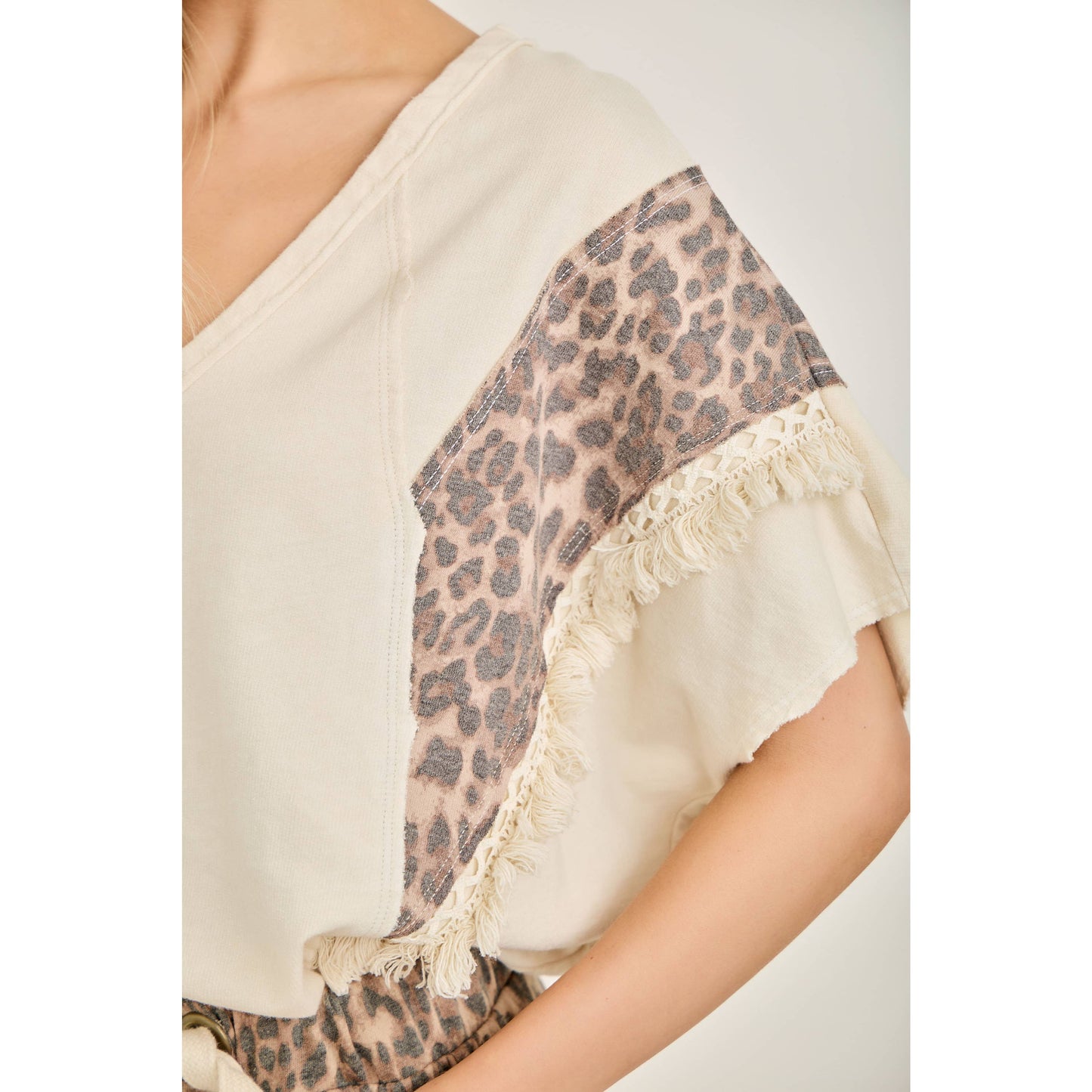 Leopard Mineral Washed Fringe Trim Blouse