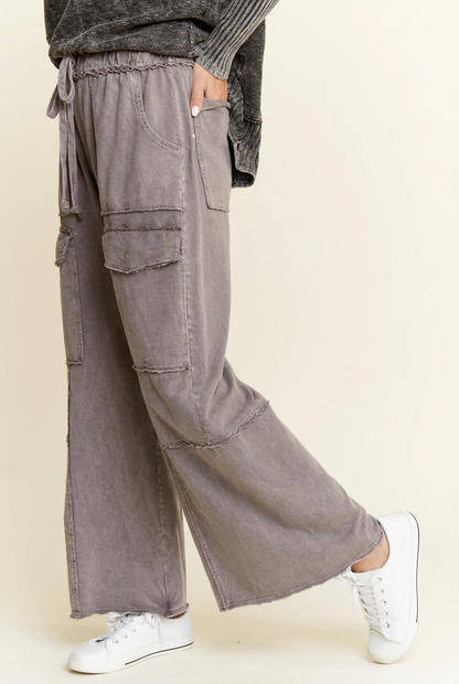 Charcoal Mineral Wash Wide Leg Terry Pants