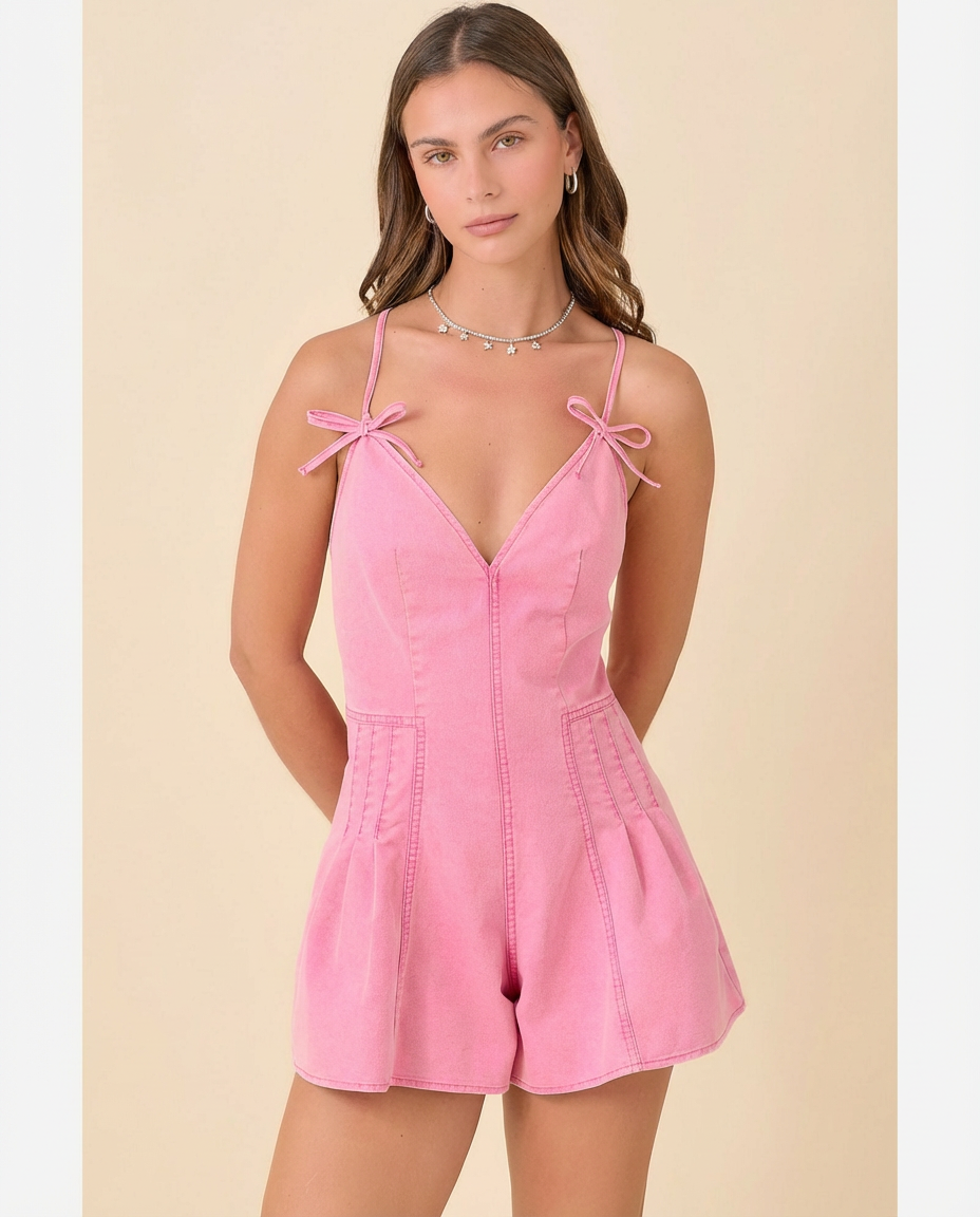 Pink Denim V Neck Romper