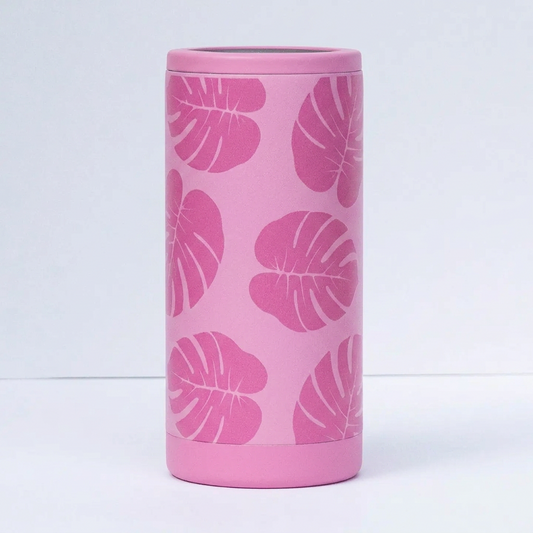 Pink Monstera Leaf Slim Can Coozie