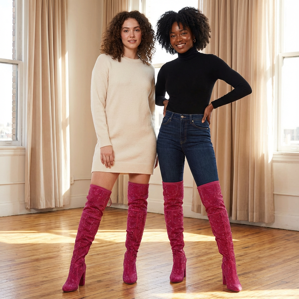 Pink Rhinestone High Knee Boots