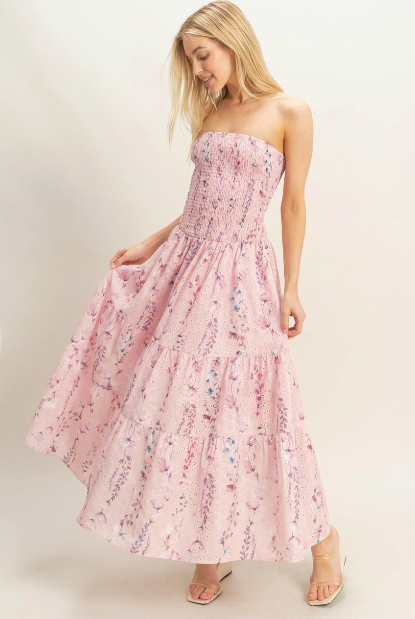 Strapless Smocked Floral Dress