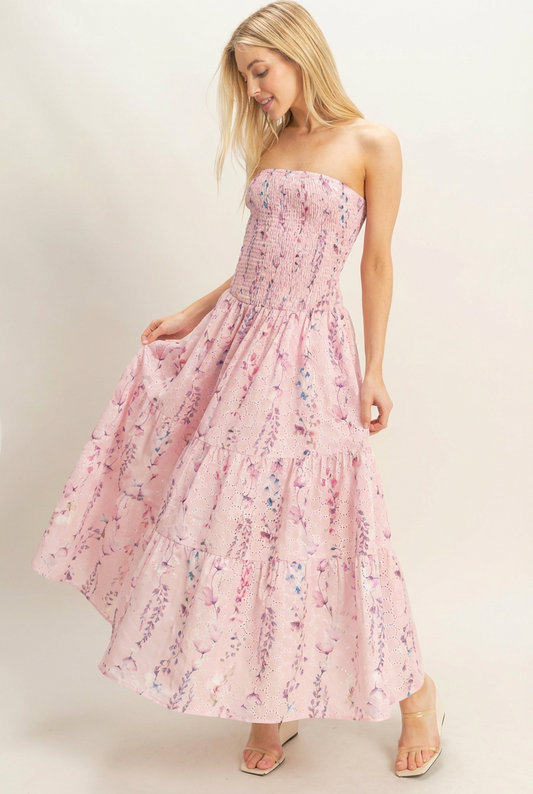 Strapless Smocked Floral Dress