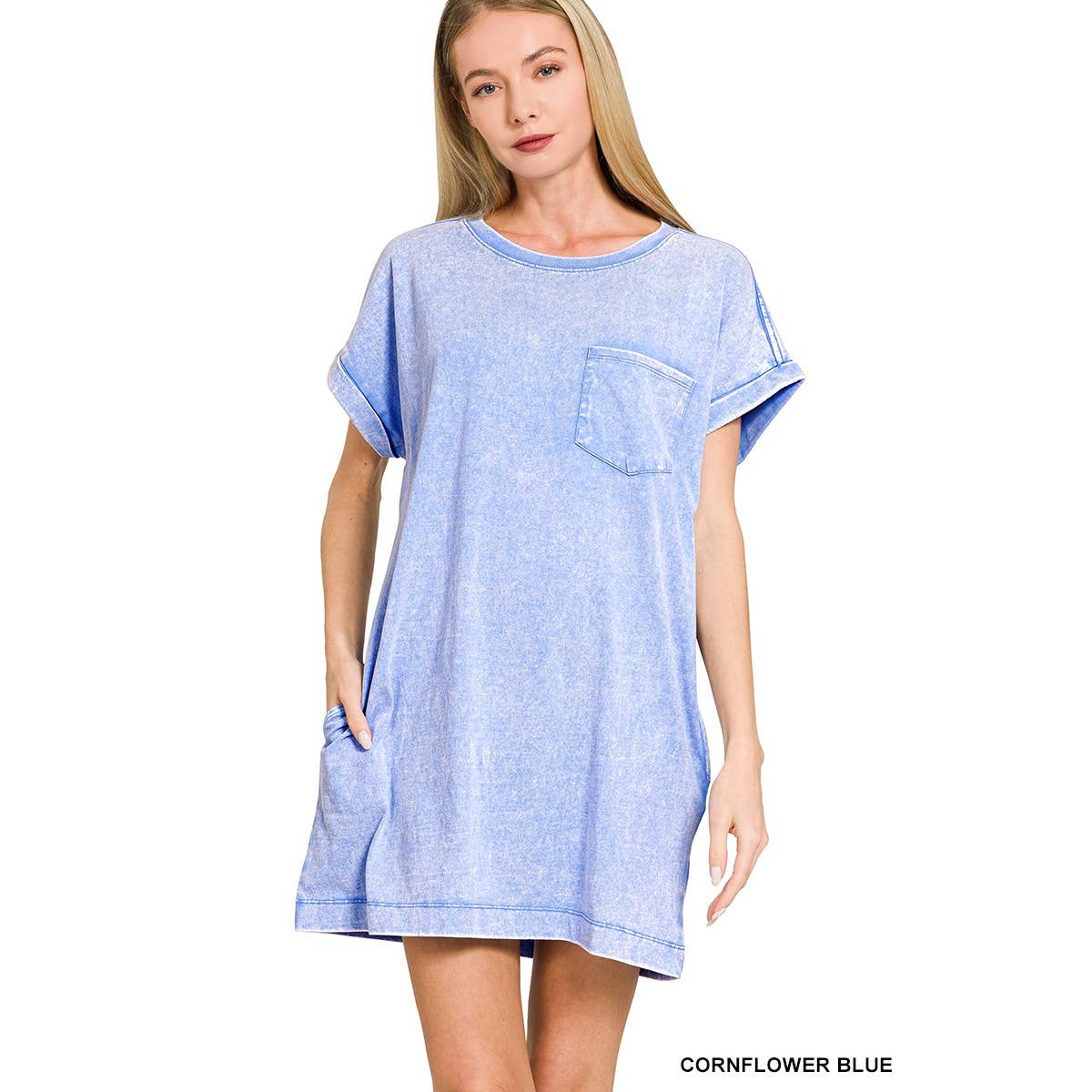 Cotton Washed Tshirt Dress Cornflower Blue