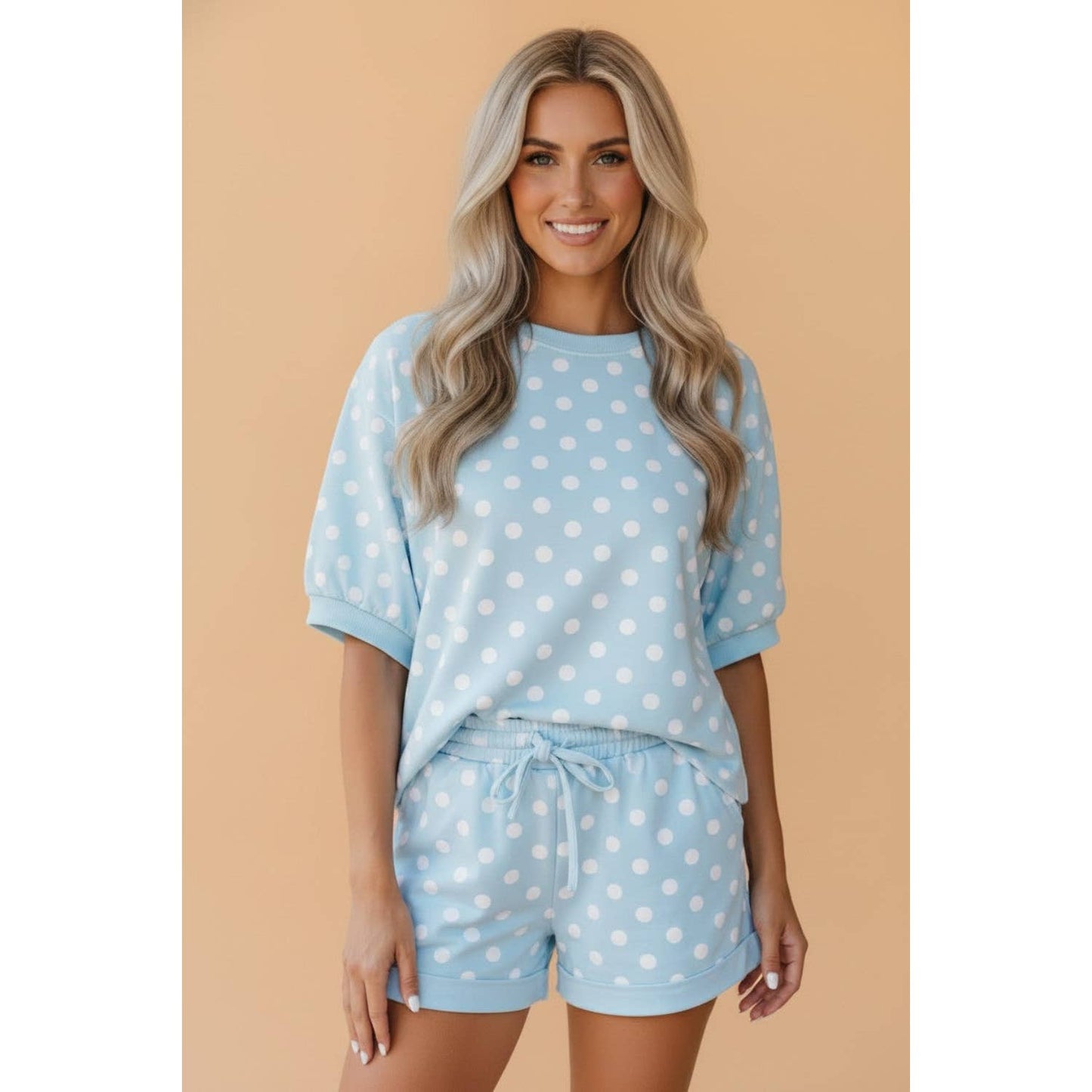 Blue Polka Dot Oversized Top & Shorts Set