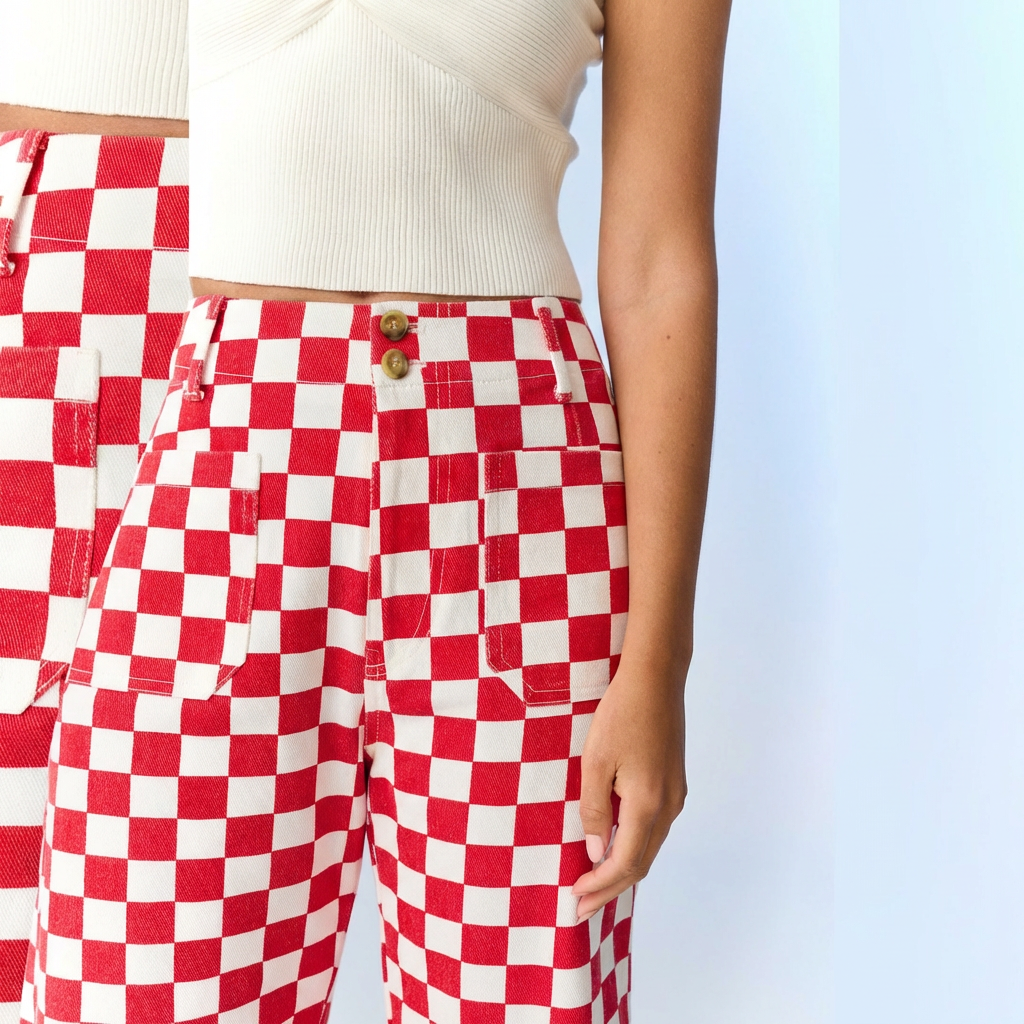 Red Checkered Denim Pants