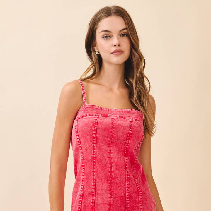 Red Denim Square Neck Dress