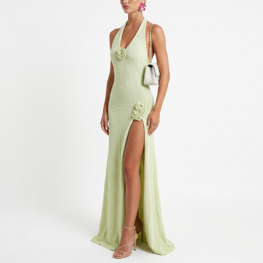 Green Tie Neck With Flowers Dress
