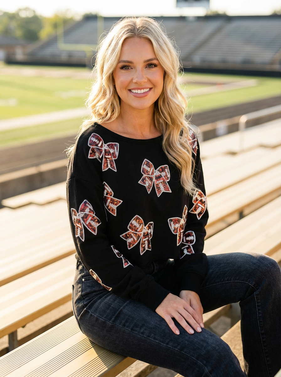 Ribbon Football Sequin Cropped Long Sleeve Tee