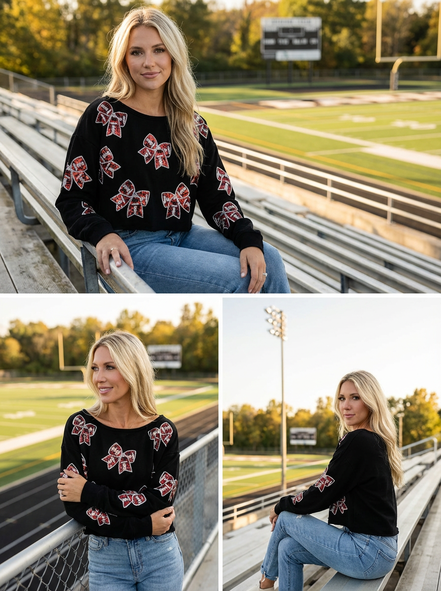 Ribbon Football Sequin Cropped Long Sleeve Tee