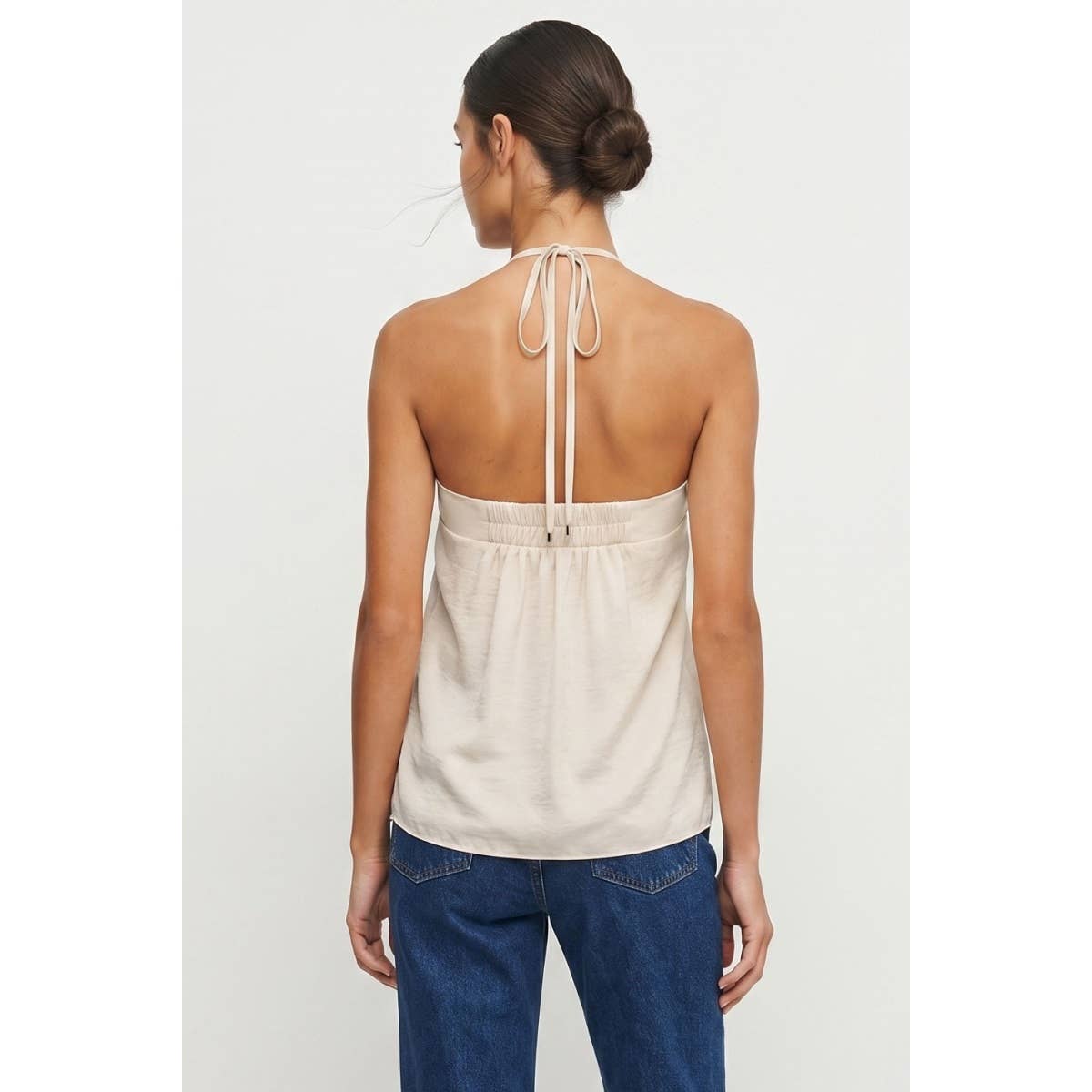 Beige Ruched Ring Halter Top