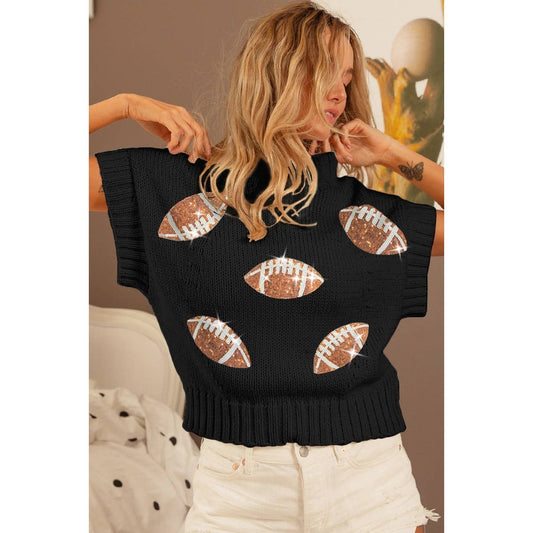 Black Sequin Football Sleeveless Sweater Top
