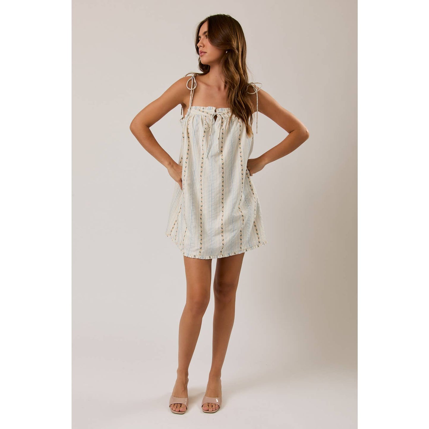White Floral Striped Shoulder Tie Mini Dress