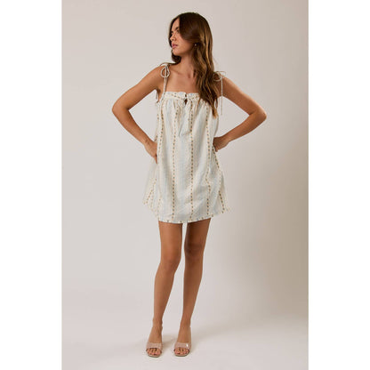 White Floral Striped Shoulder Tie Mini Dress