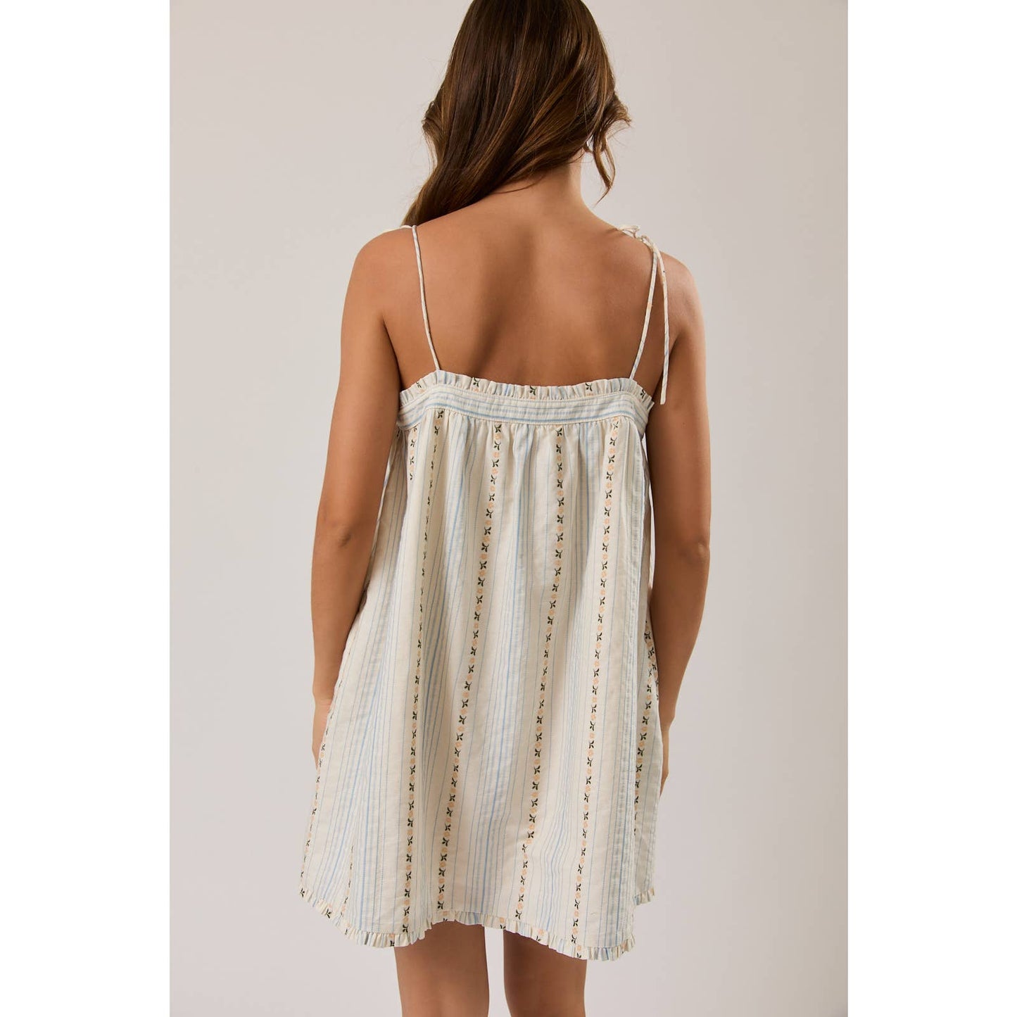 White Floral Striped Shoulder Tie Mini Dress