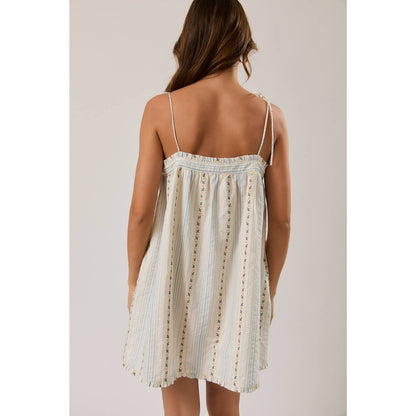 White Floral Striped Shoulder Tie Mini Dress