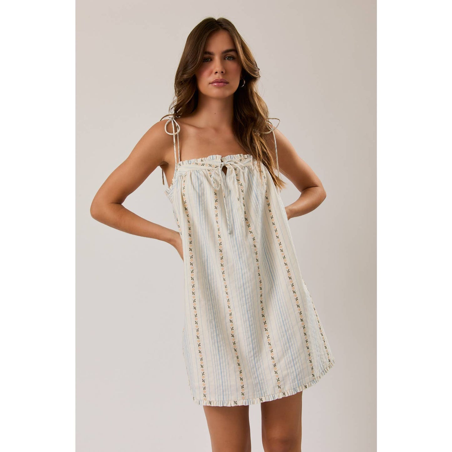 White Floral Striped Shoulder Tie Mini Dress
