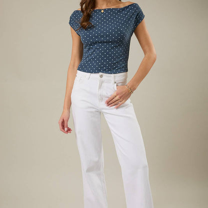 Denim Polka Dot Slouchy Shoulder Top