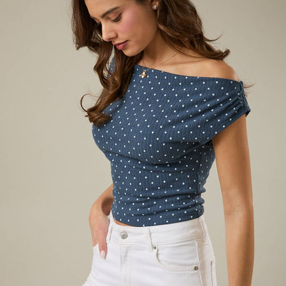 Denim Polka Dot Slouchy Shoulder Top