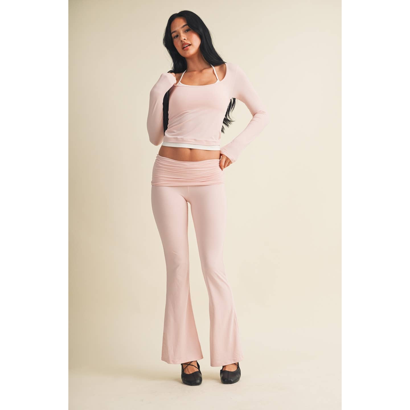 Pink Knit Foldover Flare Leggings