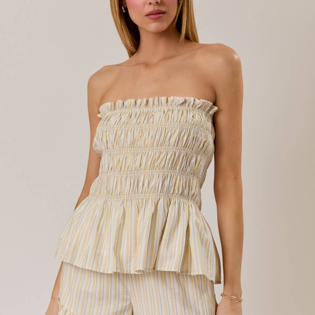 Yellow Stripe Strapless Smocked Top