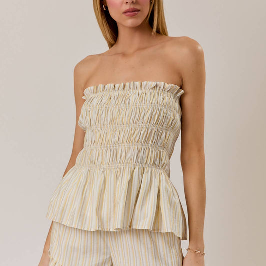 Yellow Stripe Strapless Smocked Top