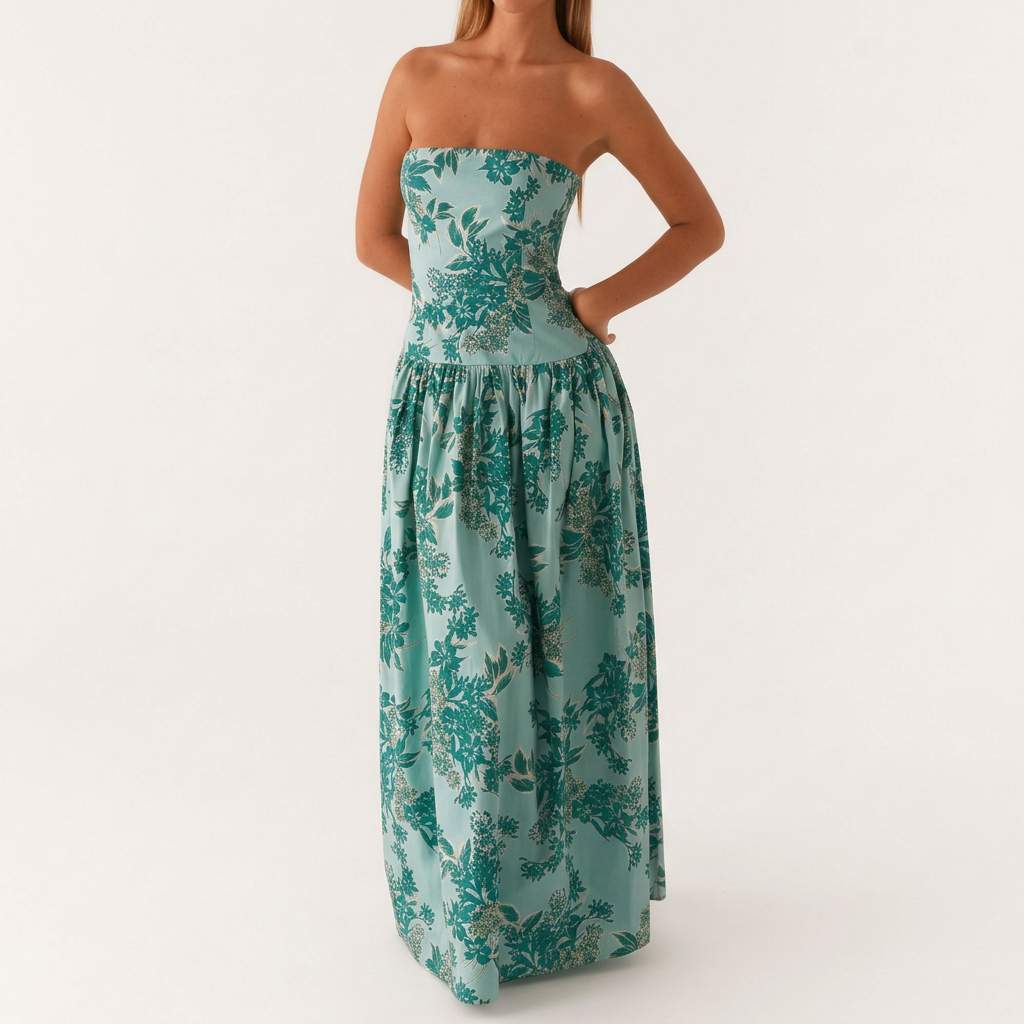 Blue Floral Strapless Maxi Dress