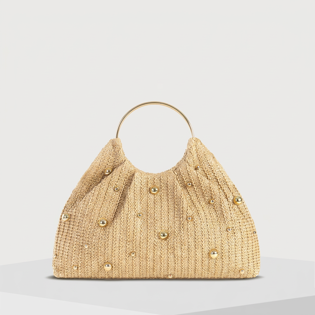 Tan Straw Purse With Gold Pearls