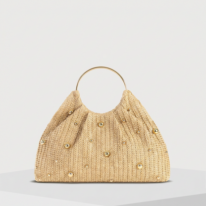 Tan Straw Purse With Gold Pearls