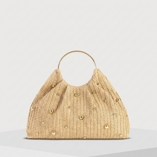 Tan Straw Purse With Gold Pearls