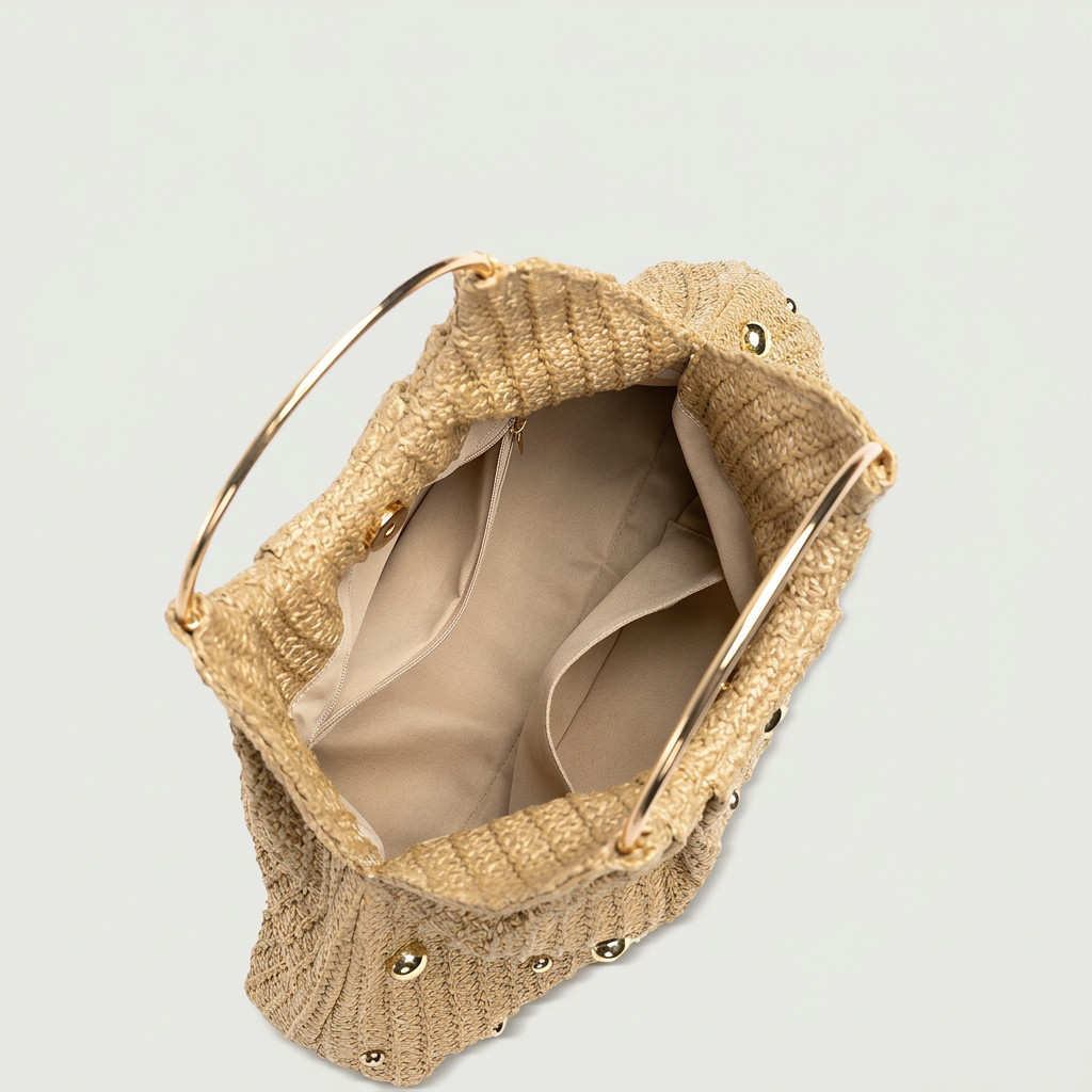 Tan Straw Purse With Gold Pearls
