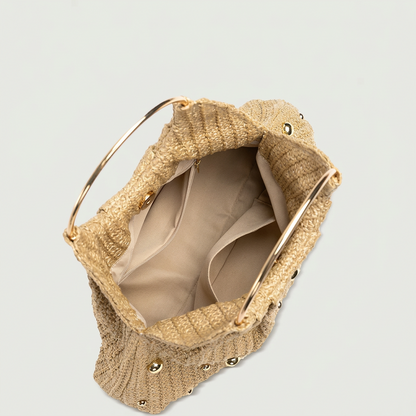 Tan Straw Purse With Gold Pearls