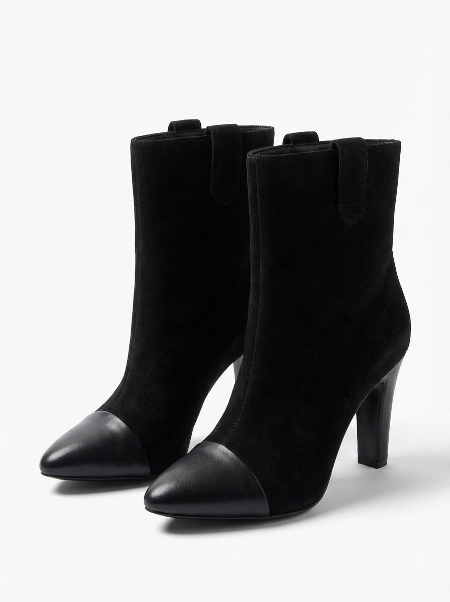 Black Suede with Real Leather Toe Booties
