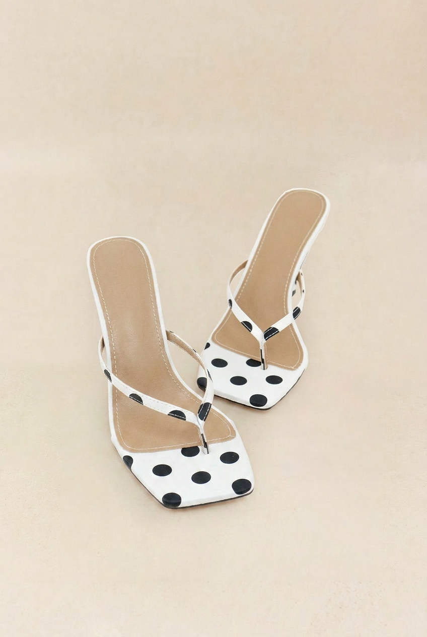 White & Black Polka Dot Thong Heel