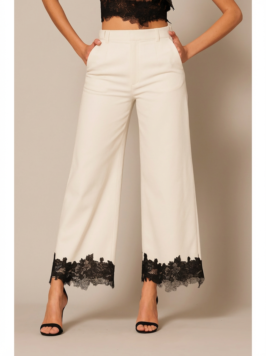 Off White Lace Hem Pants