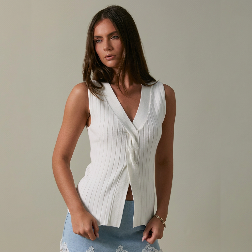 White Twisted V Neck Top