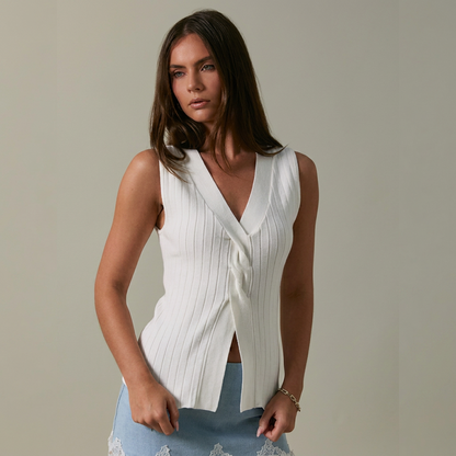 White Twisted V Neck Top