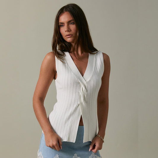 White Twisted V Neck Top