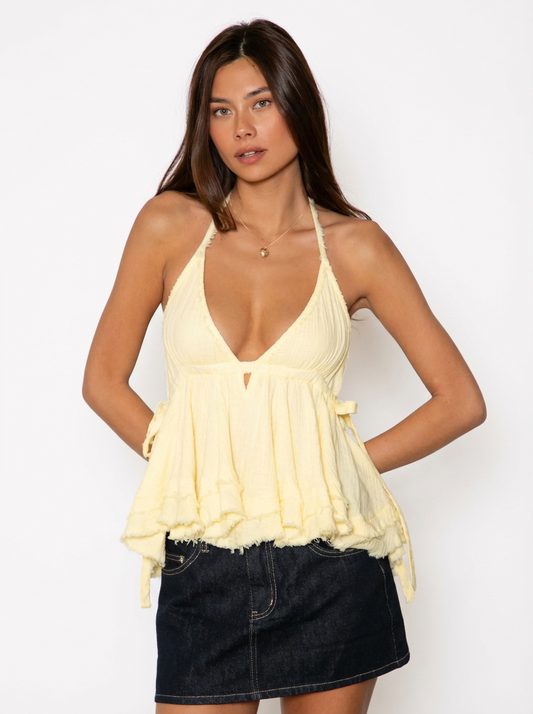 Yellow Frayed Hem V Neck Halter Tank Top